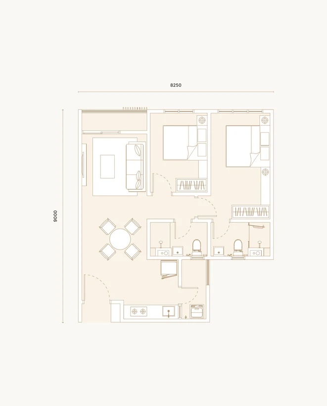 Type A floor plan — 721 sq ft, 2 rooms, 2 bathrooms.
