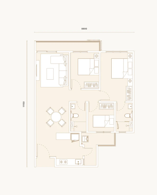 Type B floor plan — 938 sq ft, 3 rooms, 2 bathrooms.