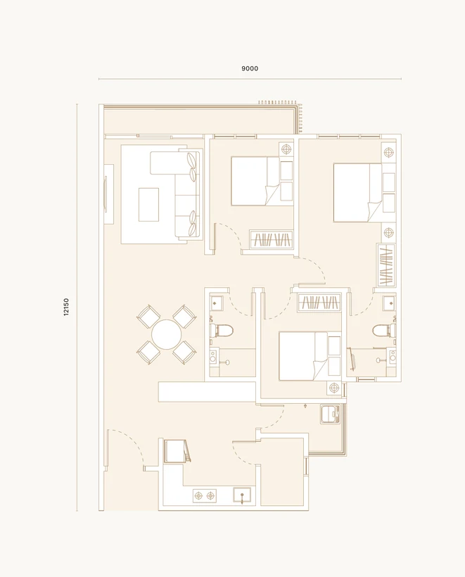 Type C1 floor plan — 1,058 sq ft, 3+1 rooms, 2 bathrooms.