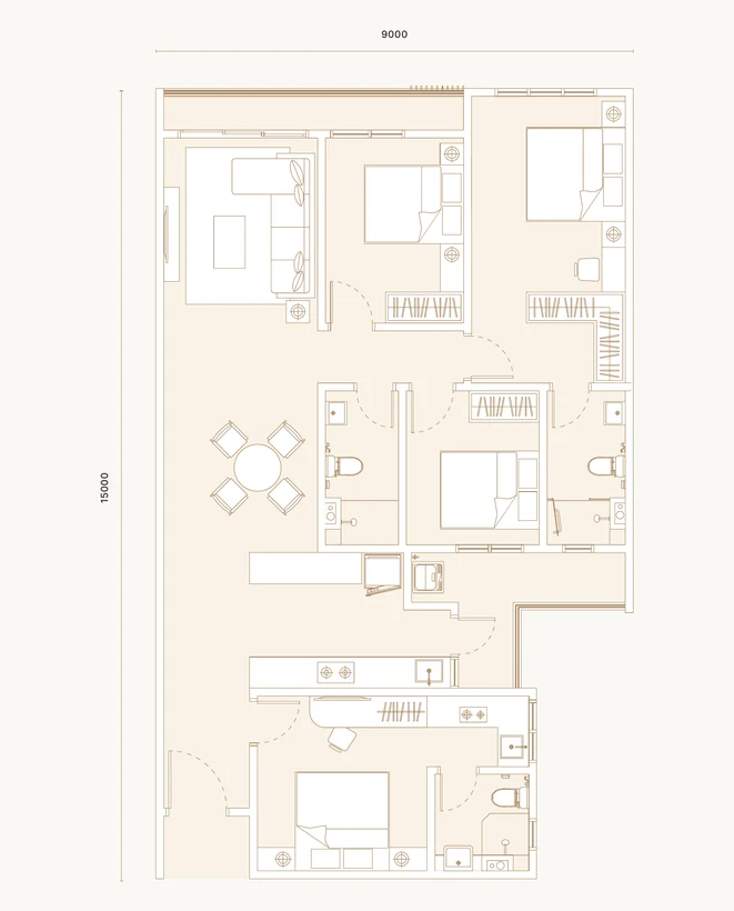 Type D floor plan — 1,349 sq ft, 4 rooms, 3 bathrooms.